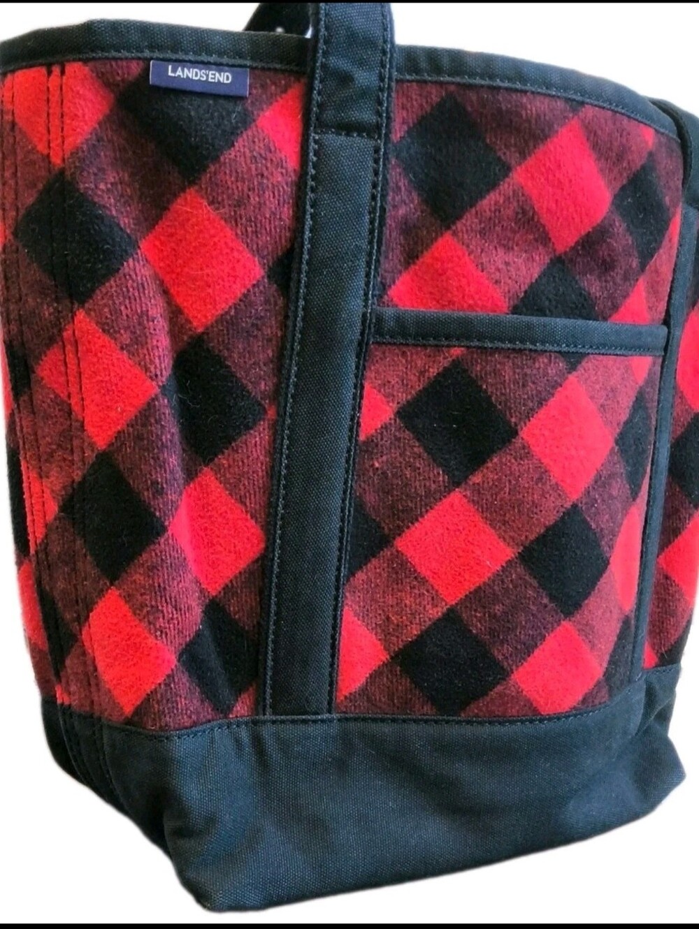Lands End Buffalo Plaid Tote Bag Red Black Canvas Carryall Shoulder Bag